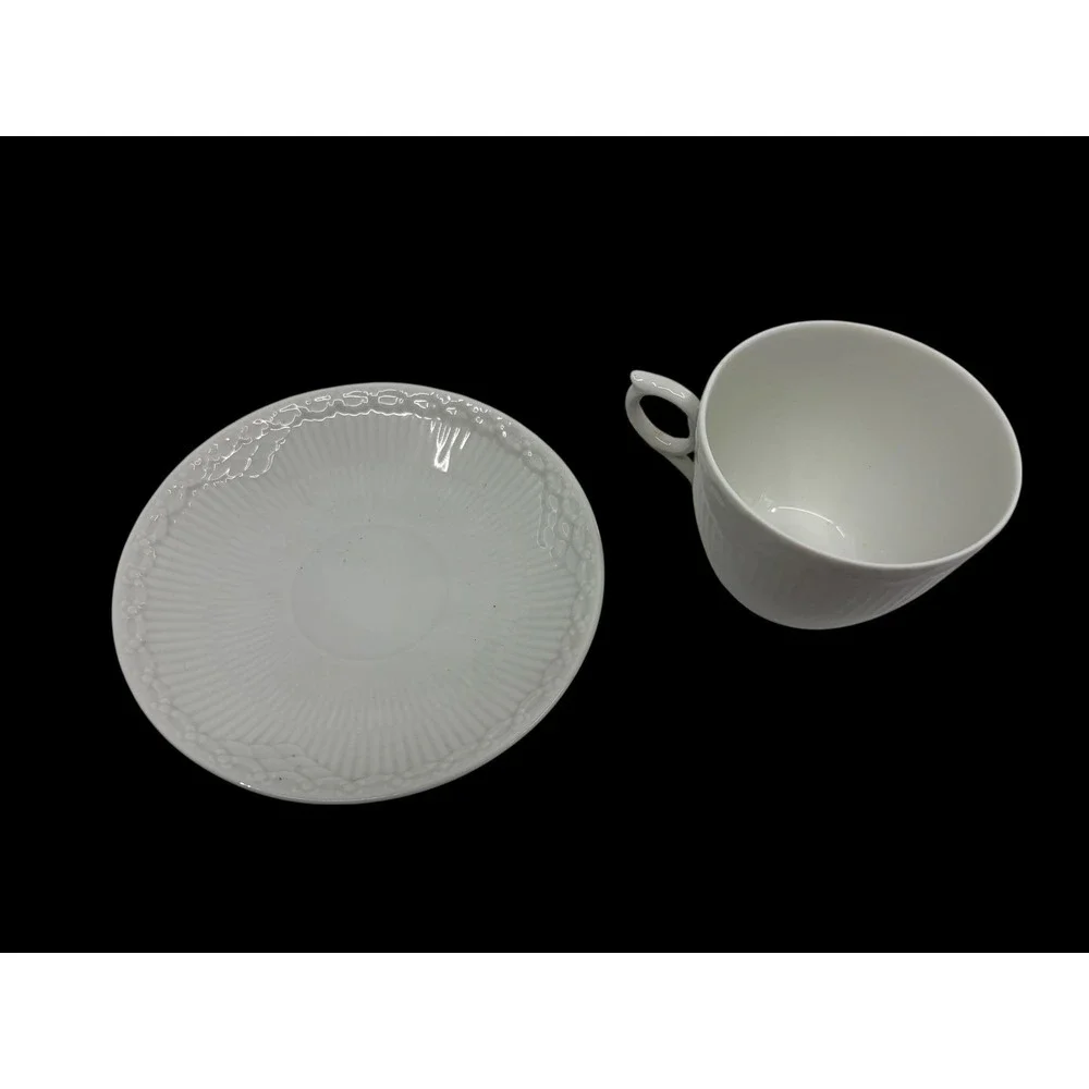 Royal Copenhagen White Half Lace Tea Cup and Saucer Set Fluted Porcelain Denmark